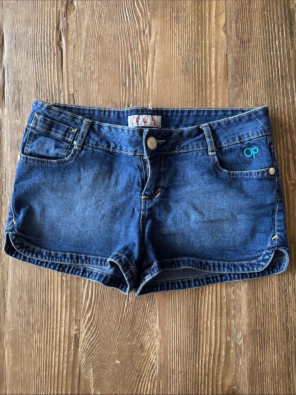 OP Dark Blue Denim Jean Shorts with Teal Logo